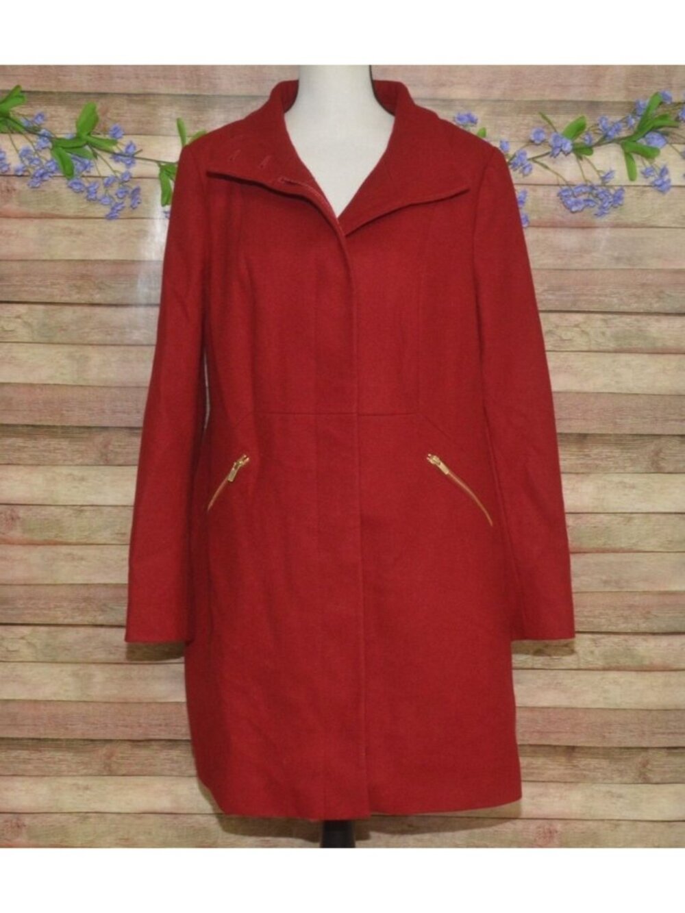 Worthington Red Wool Blend Mid Length Coat Gold Hardware Size XL Stand Collar